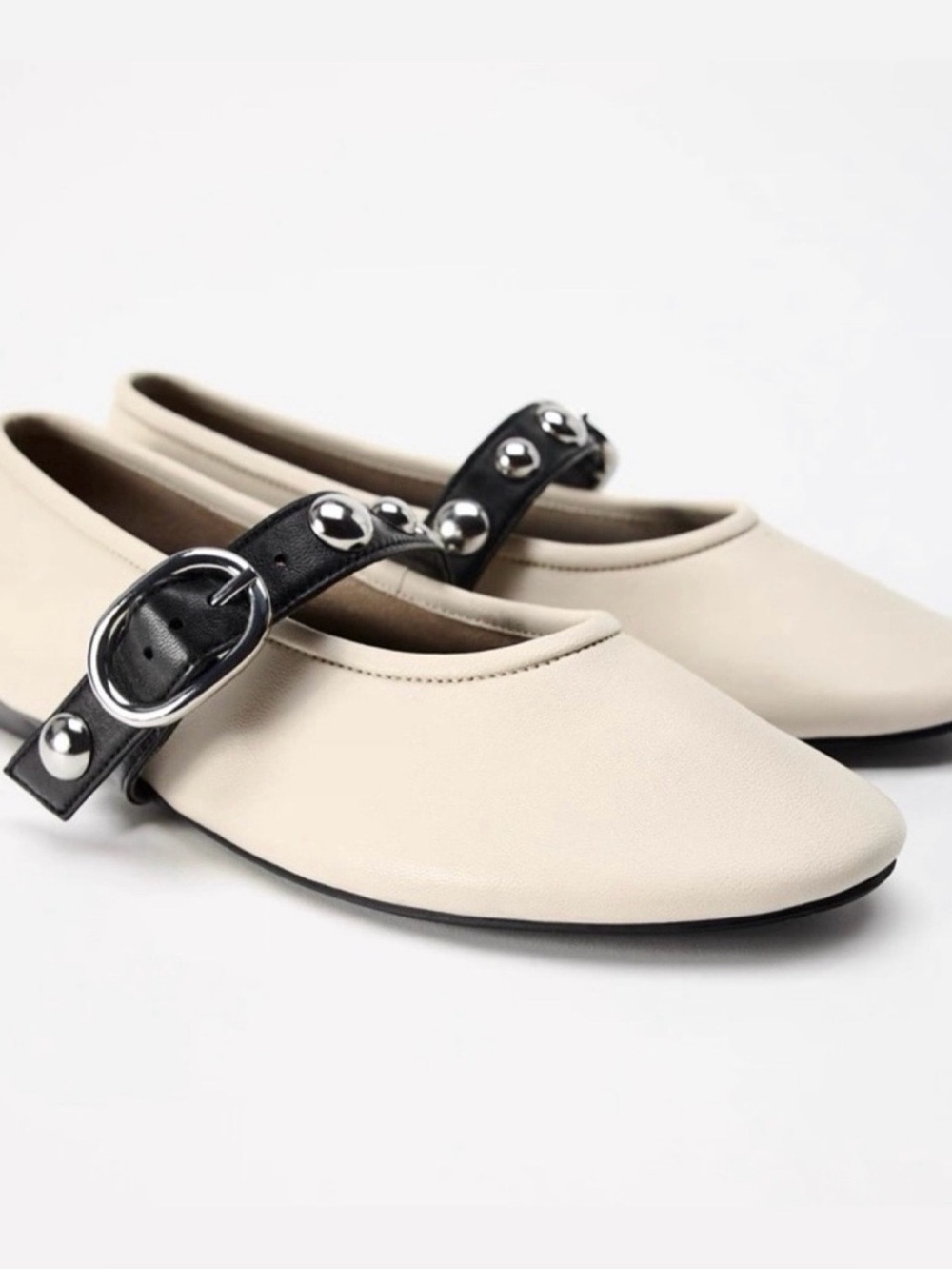 Zara Cream Leather Studded Mary Jane Ballet Flats EU 39 US 8.5 Buckle Balletcore - Picture 2 of 10